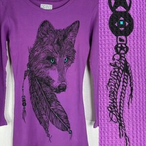 Lauren Moshi Purple Wolf Graphic Thermal Top Boho Witchy Mystical Long Sleeve L